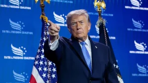 President Donald Trump speaks at the White House about Iran and the Strait of Hormuz.
