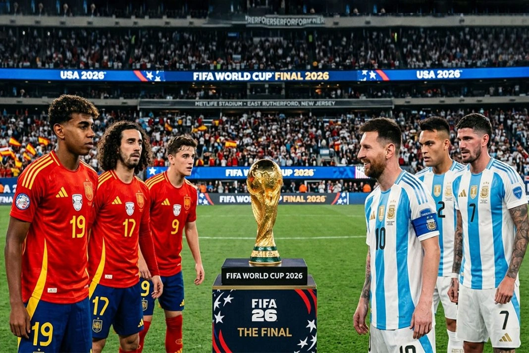 Spain and Argentina players ahead of the 2026 FIFA World Cup final at New York New Jersey Stadium.