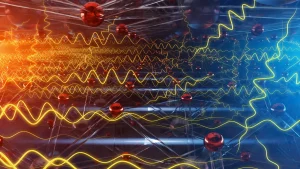 Illustration of a smart material directing heat flow through an advanced electronic circuit.