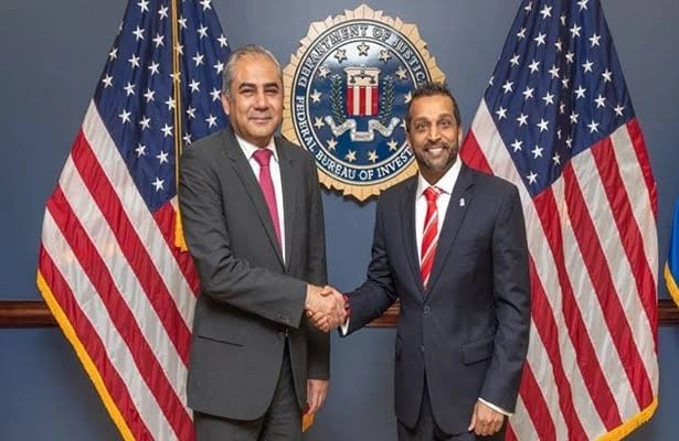FBI Director Kash Patel meets Pakistan Interior Minister Mohsin Naqvi at FBI headquarters in Washington.