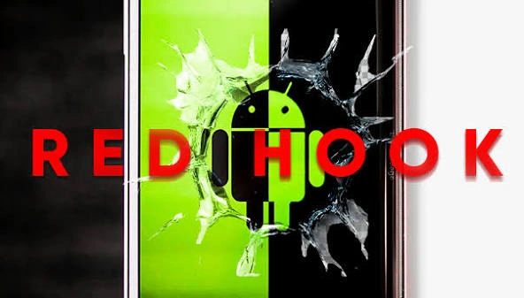 Android smartphone displaying a cybersecurity warning about RedHook malware.