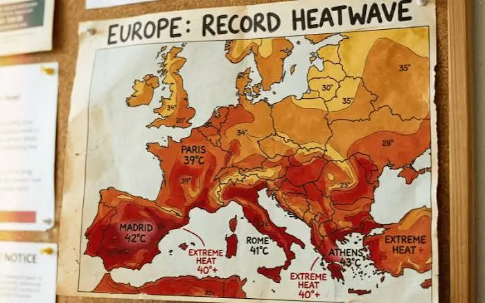 People seek shade and drink water during an intense heatwave in Europe.