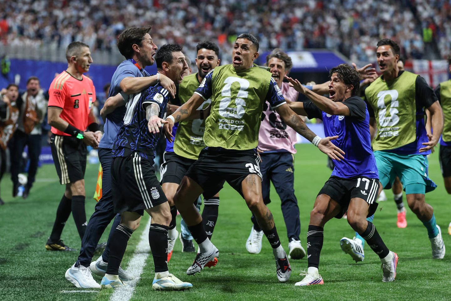Lionel Messi celebrates after helping Argentina defeat England to reach the FIFA World Cup final.