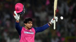 Vaibhav Suryavanshi celebrating century in India cricket jersey