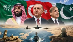 Saudi Crown Prince Mohammed bin Salman, Turkish President Erdogan, and Pakistani PM Shehbaz Sharif signing the Mecca Joint Defence Agreement on August 7, 2026.