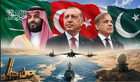 Saudi Crown Prince Mohammed bin Salman, Turkish President Erdogan, and Pakistani PM Shehbaz Sharif signing the Mecca Joint Defence Agreement on August 7, 2026.