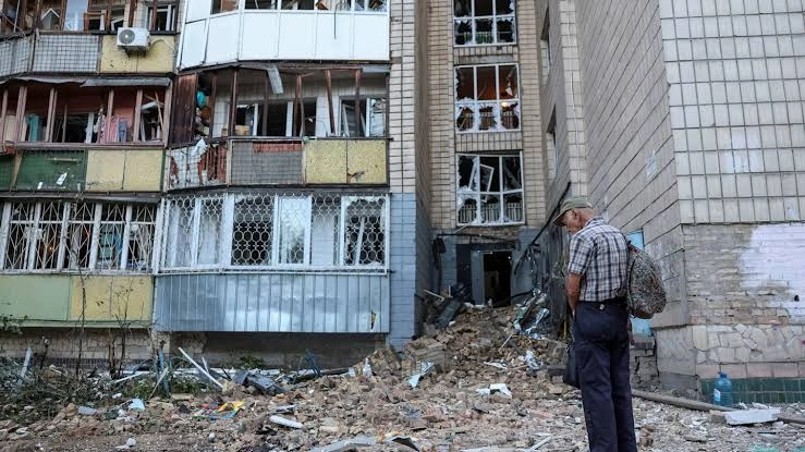 Damaged apartment building in Kyiv after Russian missile and drone strikes