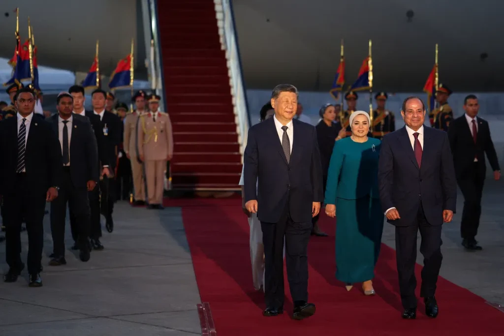 Chinese President Xi Jinping and Egyptian President Abdel Fattah al-Sisi at Cairo International Airport during Xi's September 2026 state visit, marking 70 years of China-Arab relations.