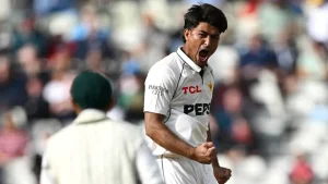 Pakistani fast bowler Razaullah celebrating a wicket during a Test match in England