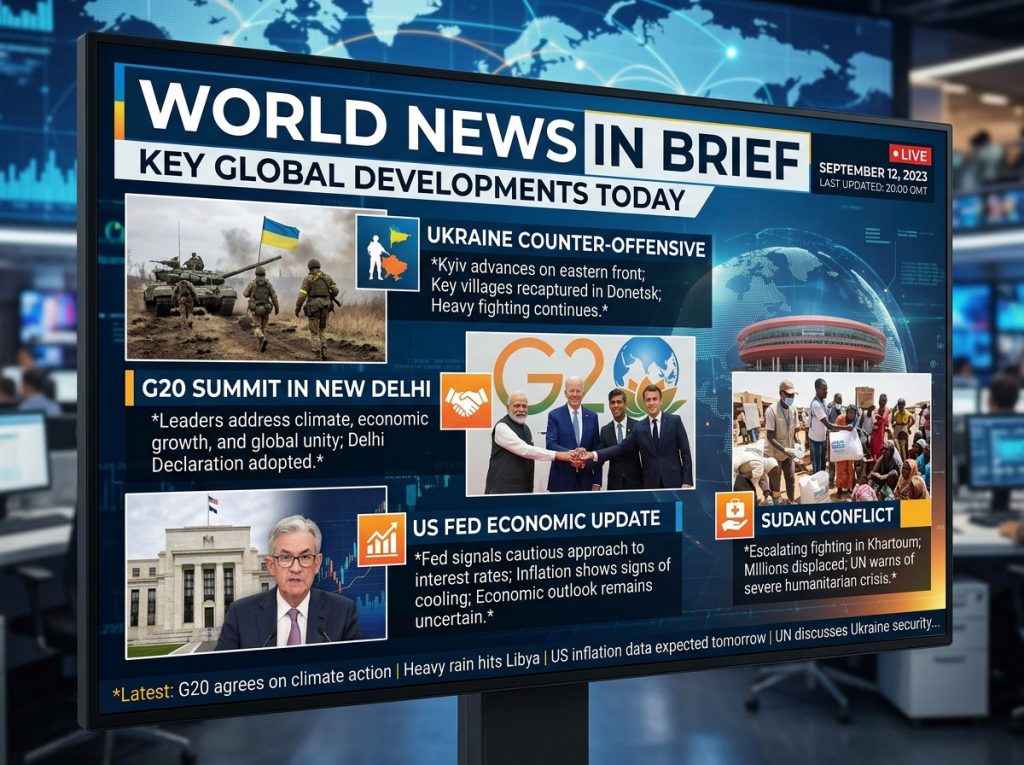 World map with news headline icons representing Iran, Ukraine, and Germany conflicts
