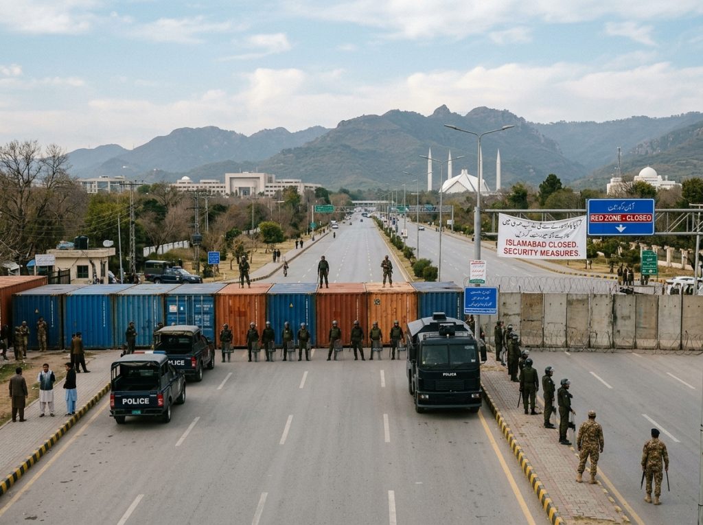 Shipping containers block a major road junction in Islamabad ahead of a planned political march