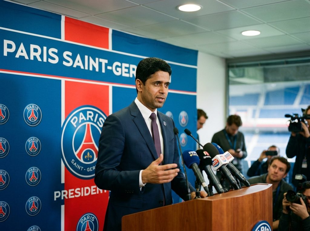 Nasser Al-Khelaifi standing on the pitch holding a trophy at a Paris Saint-Germain match