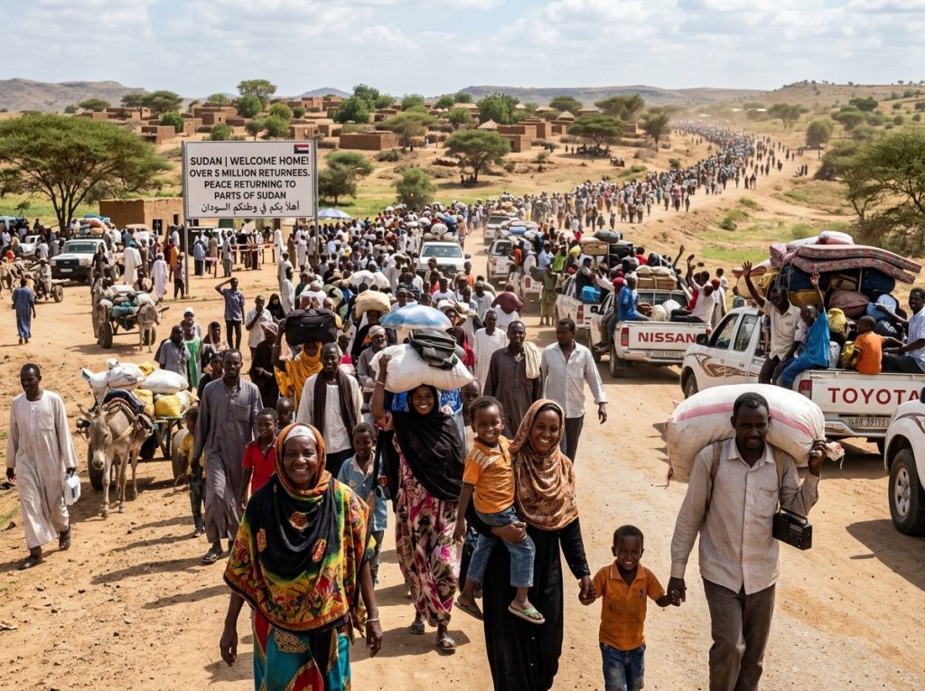 Sudanese returnees carrying belongings back to their homes in Khartoum, Sudan