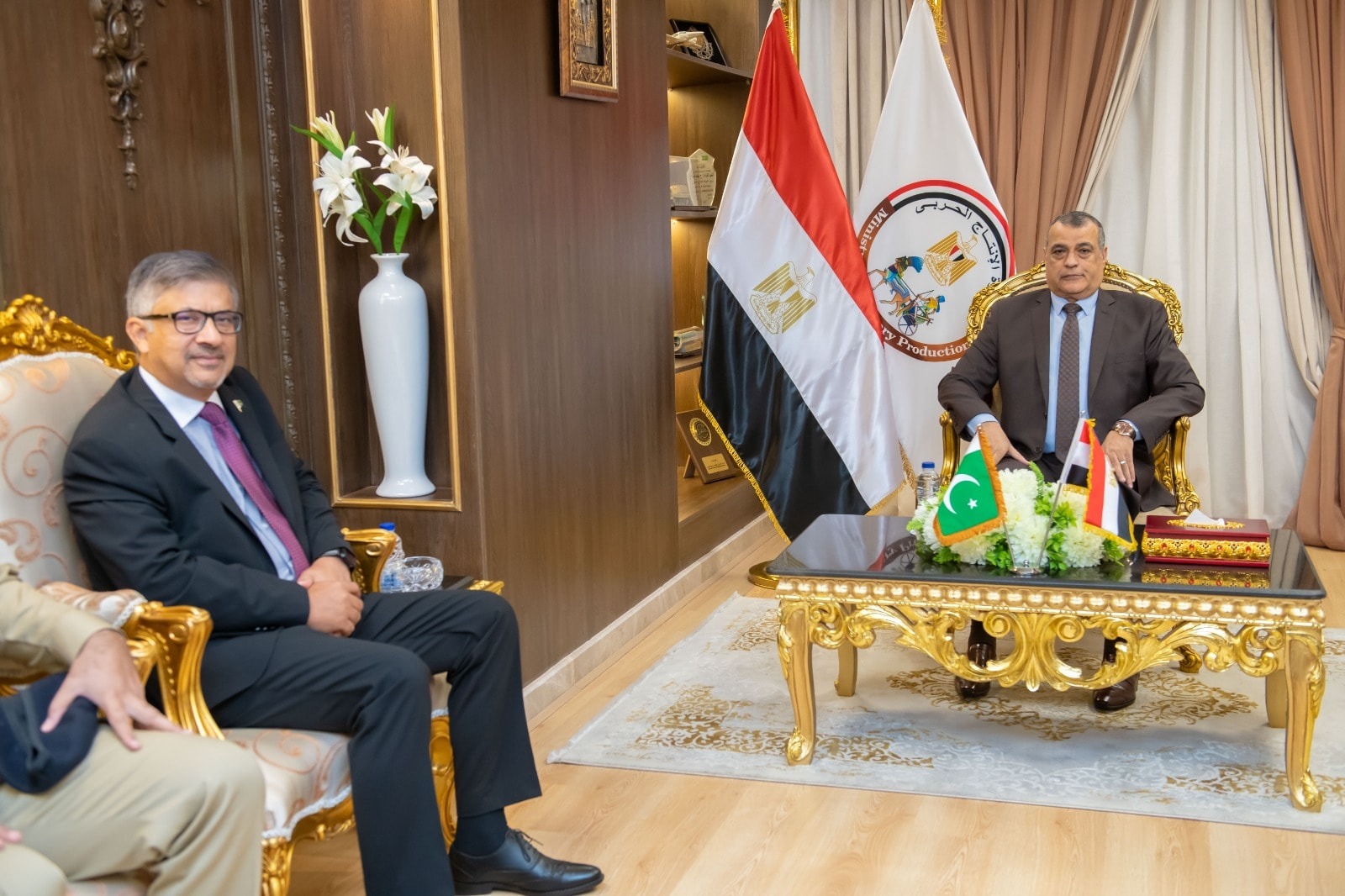 Flags of Egypt and Pakistan displayed together at a bilateral defence meeting