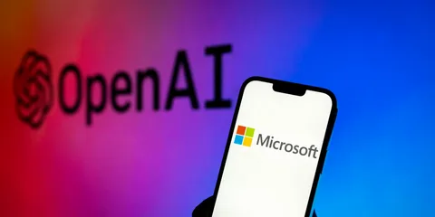 Newspaper front pages beside OpenAI and Microsoft logos representing a copyright infringement lawsuit