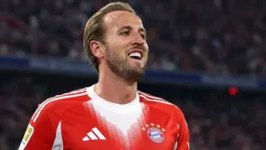 Harry Kane celebrating a goal for Bayern Munich during a Bundesliga match