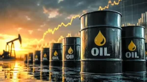 Brent crude oil price chart climbing past $100 a barrel with an oil pump in the background