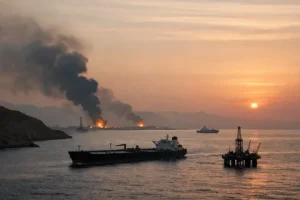 Oil pumpjack at sunset with rising crude oil price chart overlay