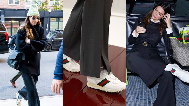 Gucci Drip sneaker model labelled Made in China displayed alongside traditional Italian-made Gucci footwear