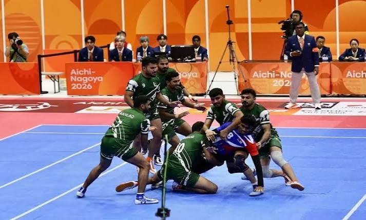 Pakistan and Thailand kabaddi players compete during their Asian Games 2026 Group B match in Nagoya