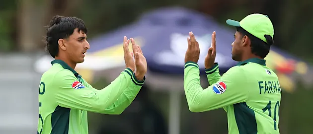 Pakistan U19 batters Farhan Yousuf and Usman Khan celebrate centuries during the Pakistan youth ODI against England at Arundel